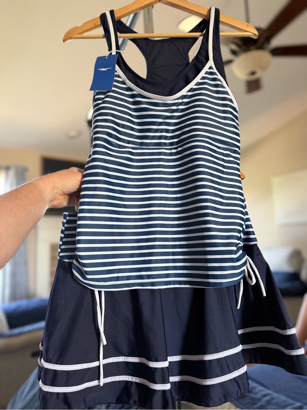 Amazon Navy and White Striped Tankini Two-Piece Swim Set size Lg - Picture 3 of 12